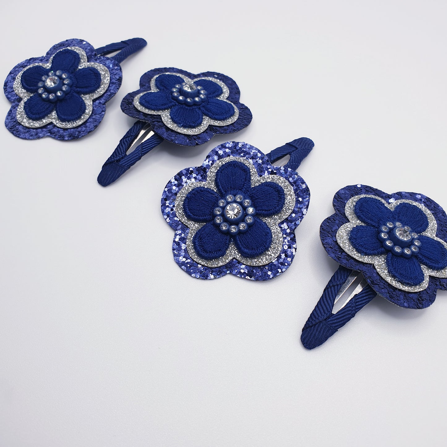 Navy & Silver Faux Leather Floral Hair Clippies