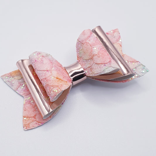 Peachy Pink Lace & Mirror Faux Leather Bow