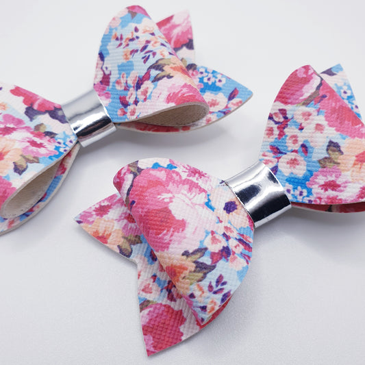 Pink & Blue Summer Floral Faux Leather Bows (Set of 2)