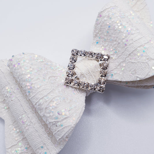 White Glitter Lace Faux Leather Bow